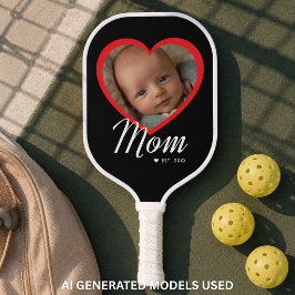 Mom Established Script 赤いハート 写真 ブラック ピックルボールラケット