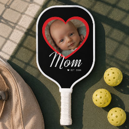 Mom Established Script 赤いハート 写真 ブラック ピックルボールラケット