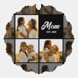 Mom Established Script Black 3 Photo Grid オーナメントカード