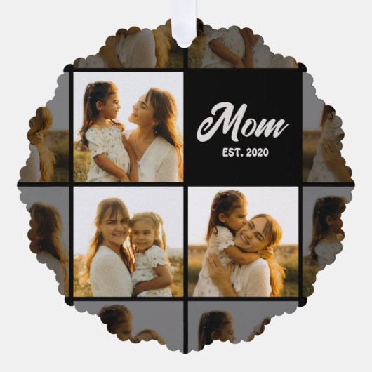 Mom Established Script Black 3 Photo Grid オーナメントカード (正面)