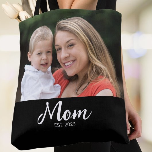 Mom Established Script Black Photo Tote Bag トートバッグ