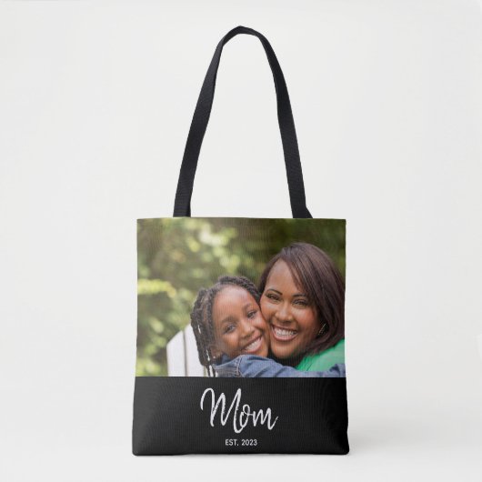 Mom Established Script Black Photo Tote Bag トートバッグ (正面)