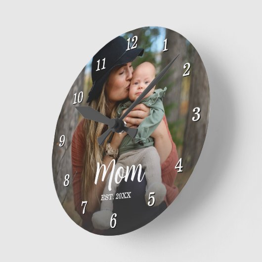 Mom Established Script Typography Photo Year Est  ラウンド壁時計 (傾斜)