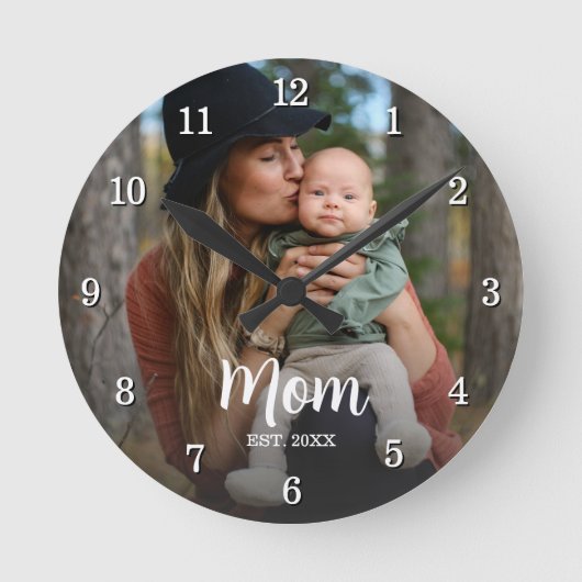 Mom Established Script Typography Photo Year Est  ラウンド壁時計 (正面)