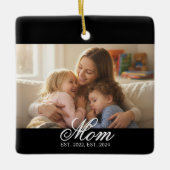 Mom Established White Elegant Script Photo セラミックオーナメント (正面)