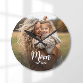 Mom Established White Script Photo ラウンド壁時計