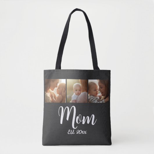 Mom Established year Script Black 3 Photo Tote トートバッグ (正面)