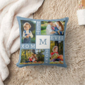 Mom Ever 最高の 4写真コラージュ青モノグラム クッション (ブランケット)