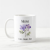 Mom February Birth Flower with Kids Names コーヒーマグカップ (左)