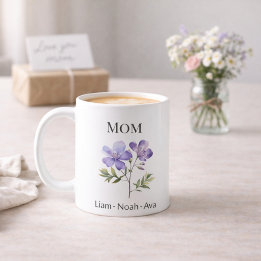 Mom February Birth Flower with Kids Names コーヒーマグカップ