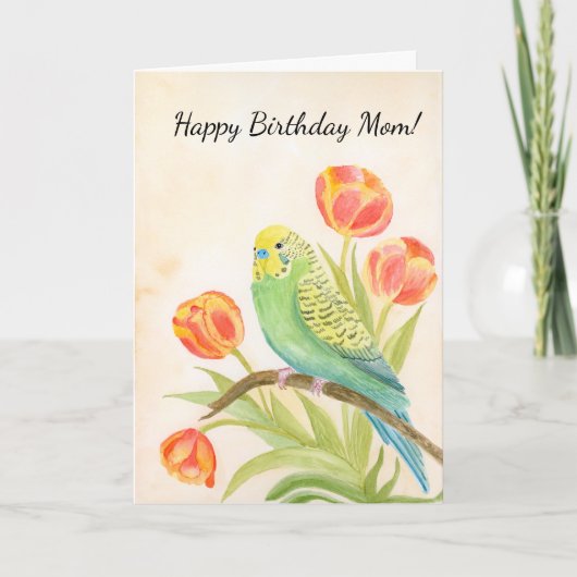 Mom Happy Birthday Parakeet with Tulips カード (正面)