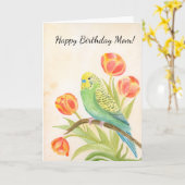 Mom Happy Birthday Parakeet with Tulips カード (黄色い花)