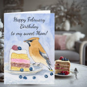 Mom Happy February Birthday Cedar Waxwing Cake カード