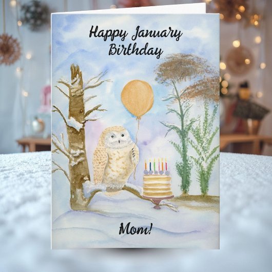 Mom Happy January Birthday Owl Cake カード