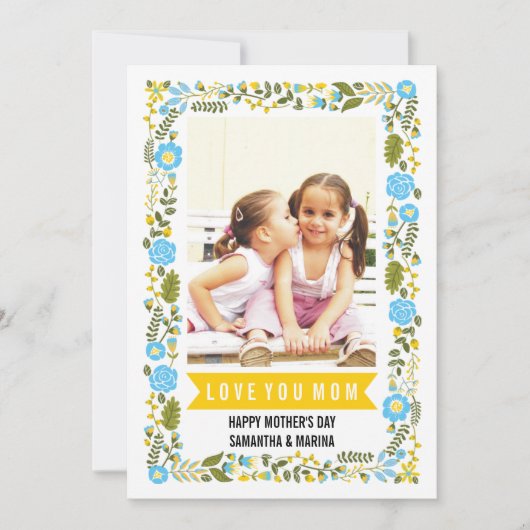 Mom, Happy Mothers Day aqua,黄色のフローラ写真 カード (正面)