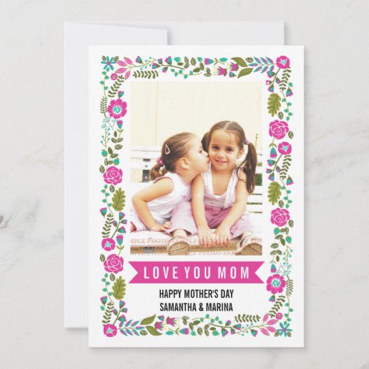 Mom, Happy Mothers Day aqua, hot pinkフローラ写真 カード (正面)