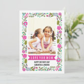 Mom, Happy Mothers Day aqua, hot pinkフローラ写真 カード (スタンド正面)