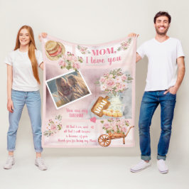 Mom I Love Youフォトピンクフローラ | スクリプト文字 フリースブランケット