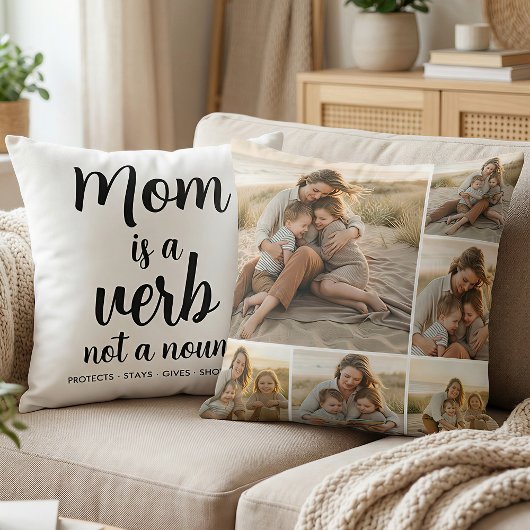 Mom Is a Verb Family Photo Collage Mother Keepsake クッション