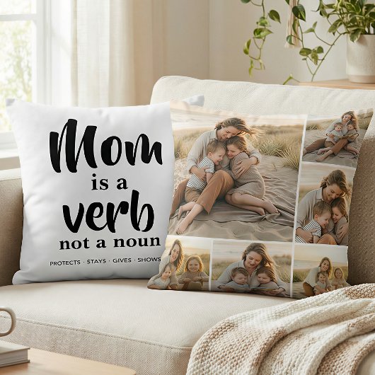 Mom Is a Verb Family Photo Collage Mother Keepsake クッション