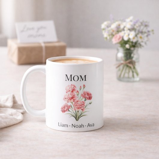 Mom January Birth Flower with Kids Names コーヒーマグカップ