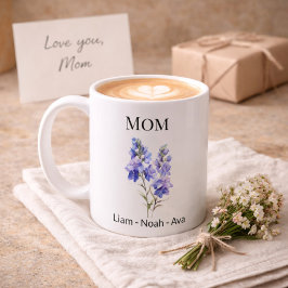 Mom July Birth Flower with Kids Names コーヒーマグカップ