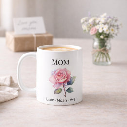 Mom June Birth Flower with Kids Names コーヒーマグカップ