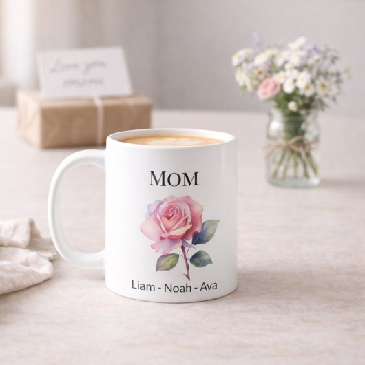 Mom June Birth Flower with Kids Names コーヒーマグカップ