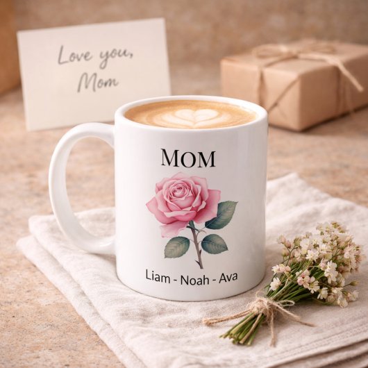 Mom June Birth Flower with Kids Names コーヒーマグカップ