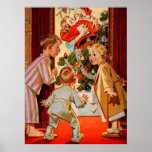 Mom Kisses Santa Claus ポスター<br><div class="desc">A charming vintage Christmas poster featuring three curious kids watching mom kissing Santa Claus.</div>