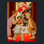 Mom Kisses Santa Claus ポスター<br><div class="desc">A charming vintage Christmas poster featuring three curious kids watching mom kissing Santa Claus.</div>