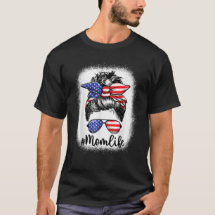 Mom Life American Mom Messy Bun Women USA国旗4日 Tシャツ