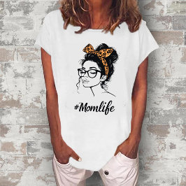 Mom Life Leopard Print T-Shirt | Messy Bun Graphic トライブレンドＴシャツ