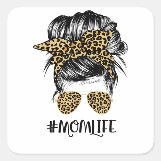 Mom Life Messy Hair Bun Leopard Women Mother's Day スクエアシール (正面)