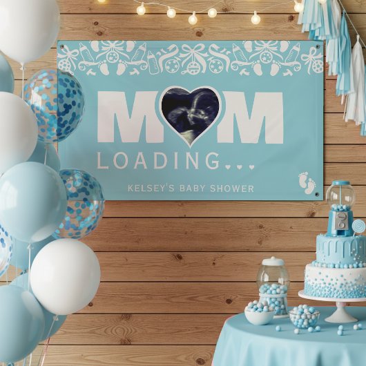 Mom Loading Photo Ultrasound Blue Baby Shower 横断幕