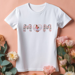 Mom Love Pink & Floral Patternカスタムハート写真 Tシャツ