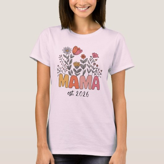 Mom Mama Est 2026 Pregnancy Floral Personalized Tシャツ (正面)