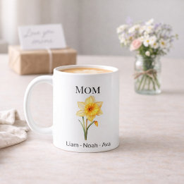Mom March Birth Flower with Kids Names コーヒーマグカップ