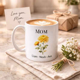 Mom November Birth Flower with Kids Names コーヒーマグカップ