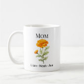 Mom October Birth Flower with Kids Names コーヒーマグカップ (左)