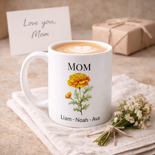 Mom October Birth Flower with Kids Names コーヒーマグカップ
