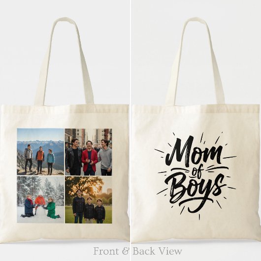 Mom of Boys Brush Script Four Photo Grid トートバッグ