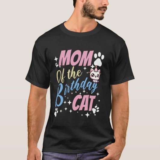 Mom of the Birthday Cat Cute Kawaii Tシャツ (正面)