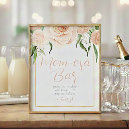 Mom-osa Bar Pink Floral Baby Shower Table Sign ポスター