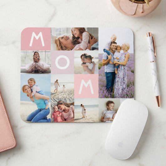 Mom Photo モダン Grid Collage Family Keepsake Pink マウスパッド