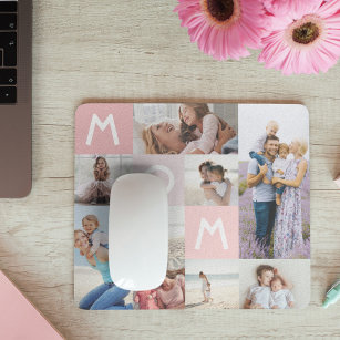 Mom Photo モダン Grid Collage Family Keepsake Pink マウスパッド