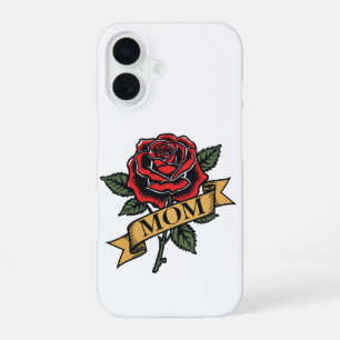 Mom Rose ビンテージ タトゥー スタイル 赤いバラ バナー iPho iPhone 16ケース