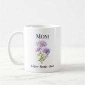 Mom September Birth Flower with Kids Names コーヒーマグカップ (左)