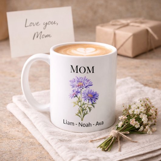 Mom September Birth Flower with Kids Names コーヒーマグカップ