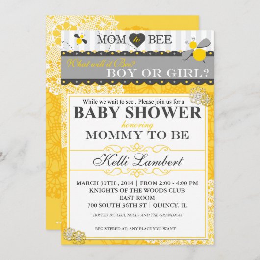 Mom to Bee Bee赤お洒落ちゃんシャワー 招待状 (正面/裏面)